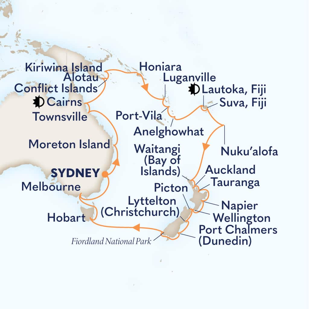 Itinerary map of 40-DAY FIJI, SOUTH PACIFIC AND NEW ZEALAND