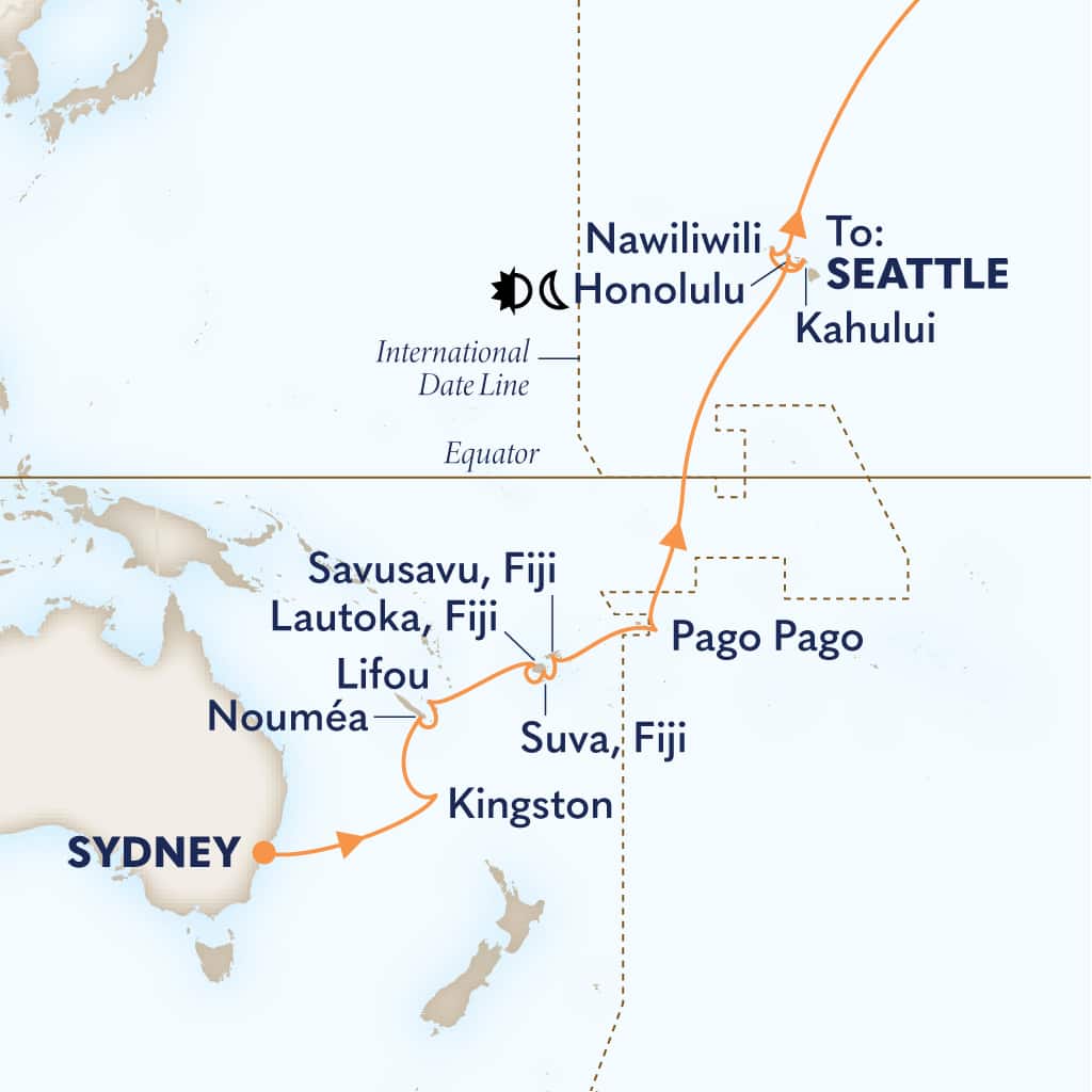 Itinerary map of 29-DAY LEGENDARY SOUTH PACIFIC CROSSING: SYDNEY TO SEATTLE