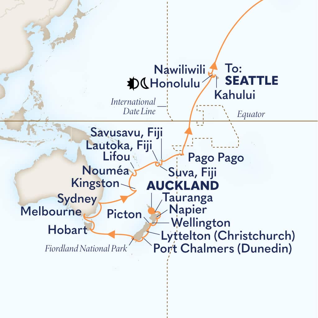 Itinerary map of 43-DAY AUSTRALIA, NEW ZEALAND & SOUTH PACIFIC CROSSING
