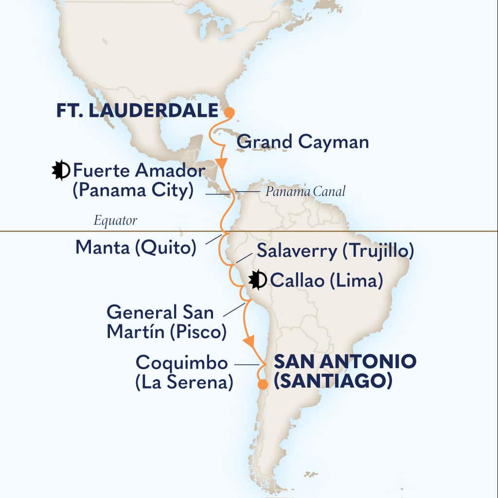 MapDepicting 17-Day Inca & Panama Canal Discovery Departs Fort Lauderdale, Florida, US Arrive San Antonio (Santiago), Chile