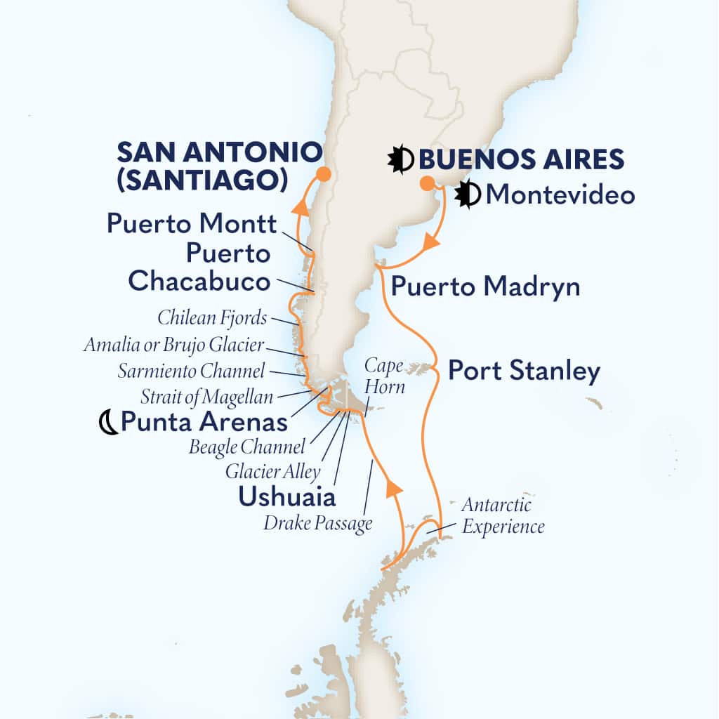 Itinerary map of 22-DAY SOUTH AMERICA & ANTARCTICA HOLIDAY