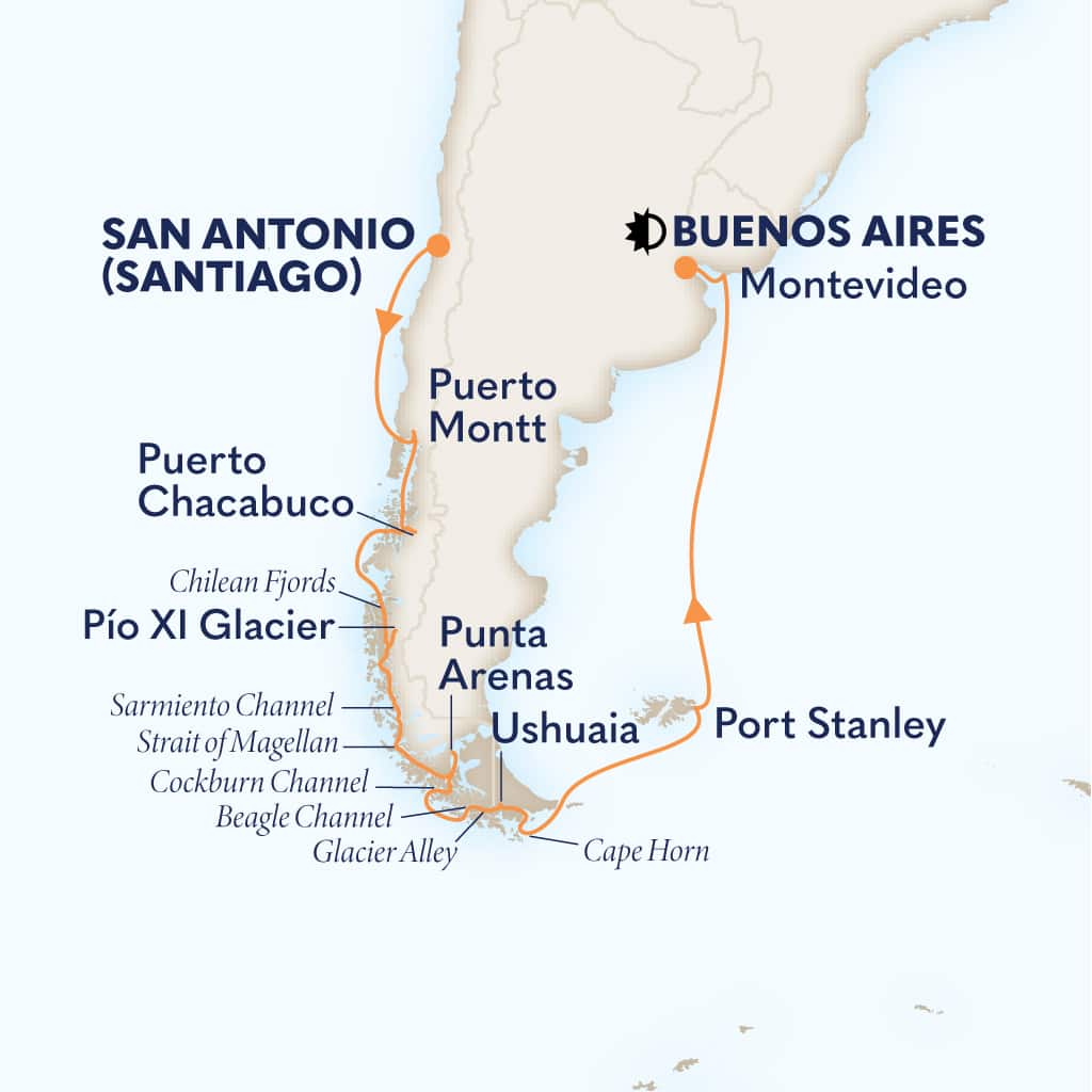 Itinerary map of 15-DAY SOUTH AMERICA PATHWAYS: CHILEAN FJORDS & GLACIERS