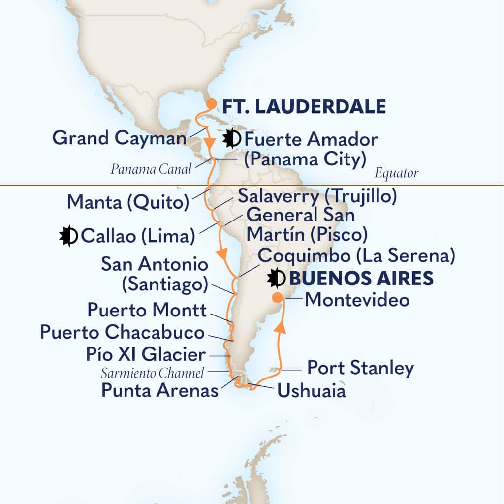 Itinerary map of 31-DAY PANAMA CANAL, INCA & SOUTH AMERICA: CHILEAN FJORDS