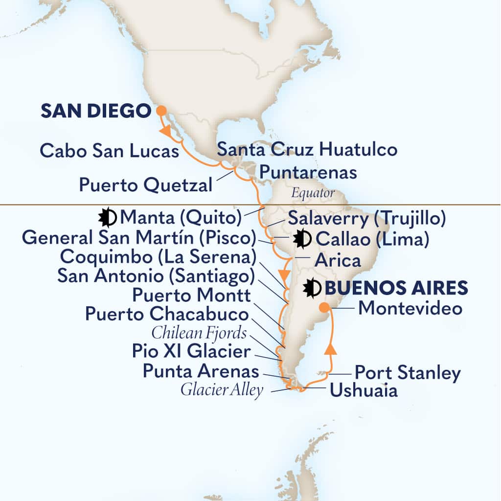 Itinerary map of 36-DAY INCA COAST DISCOVERY COLLECTORS' VOYAGE