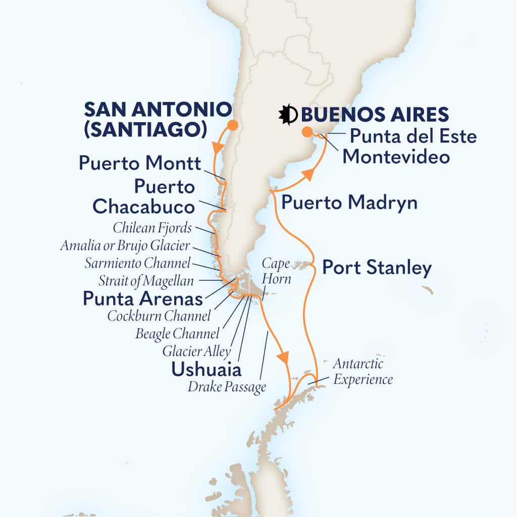 Itinerary map of 22-DAY SOUTH AMERICA & ANTARCTICA