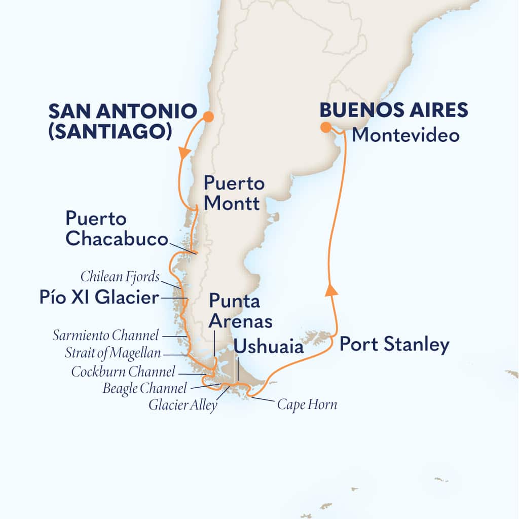 Itinerary map of 14-DAY SOUTH AMERICA PATHWAYS: CHILEAN FJORDS & GLACIERS