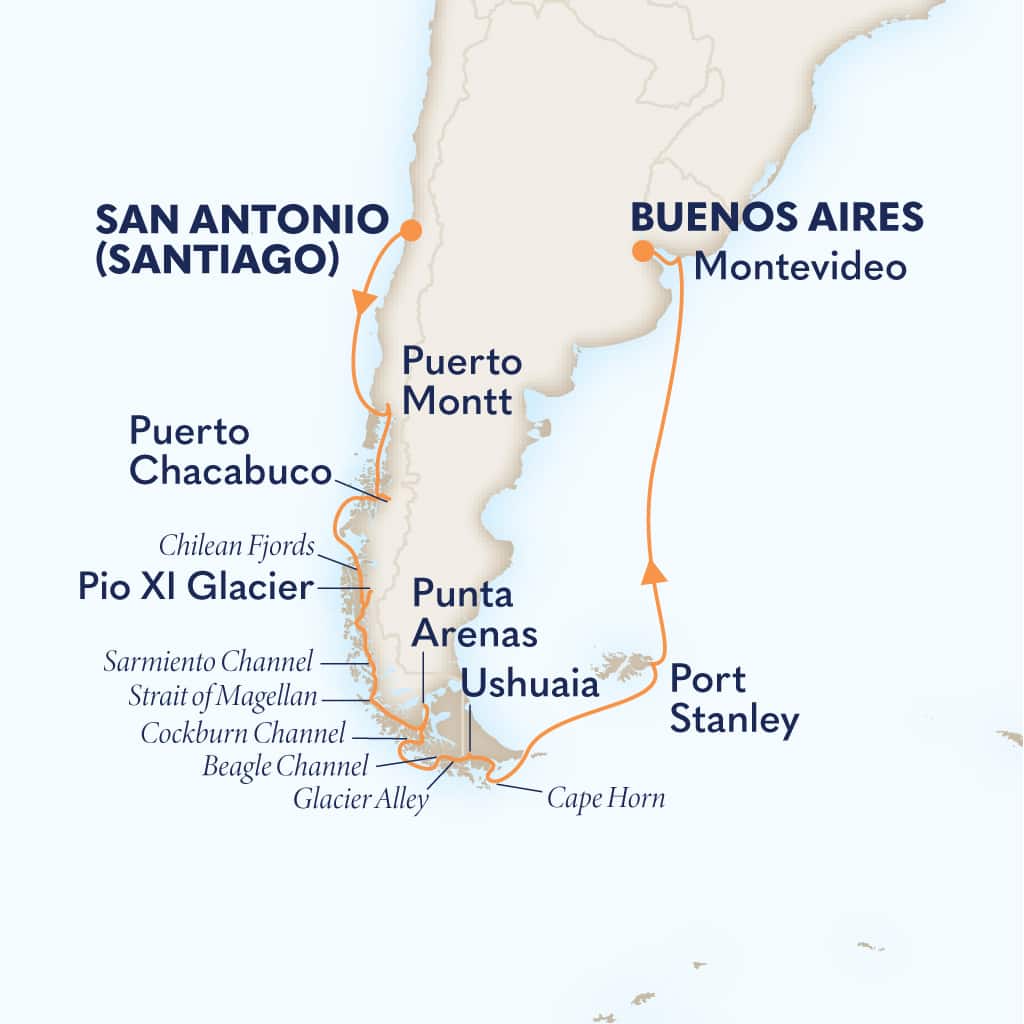 Itinerary map of 14-DAY SOUTH AMERICA PATHWAYS: CHILEAN FJORDS & GLACIERS