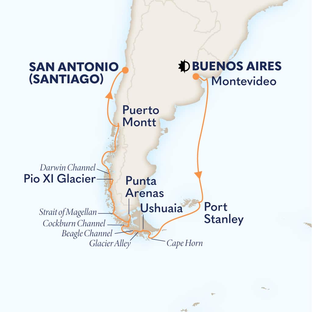 Itinerary map of 15-DAY SOUTH AMERICA PATHWAYS: CHILEAN FJORDS & GLACIERS