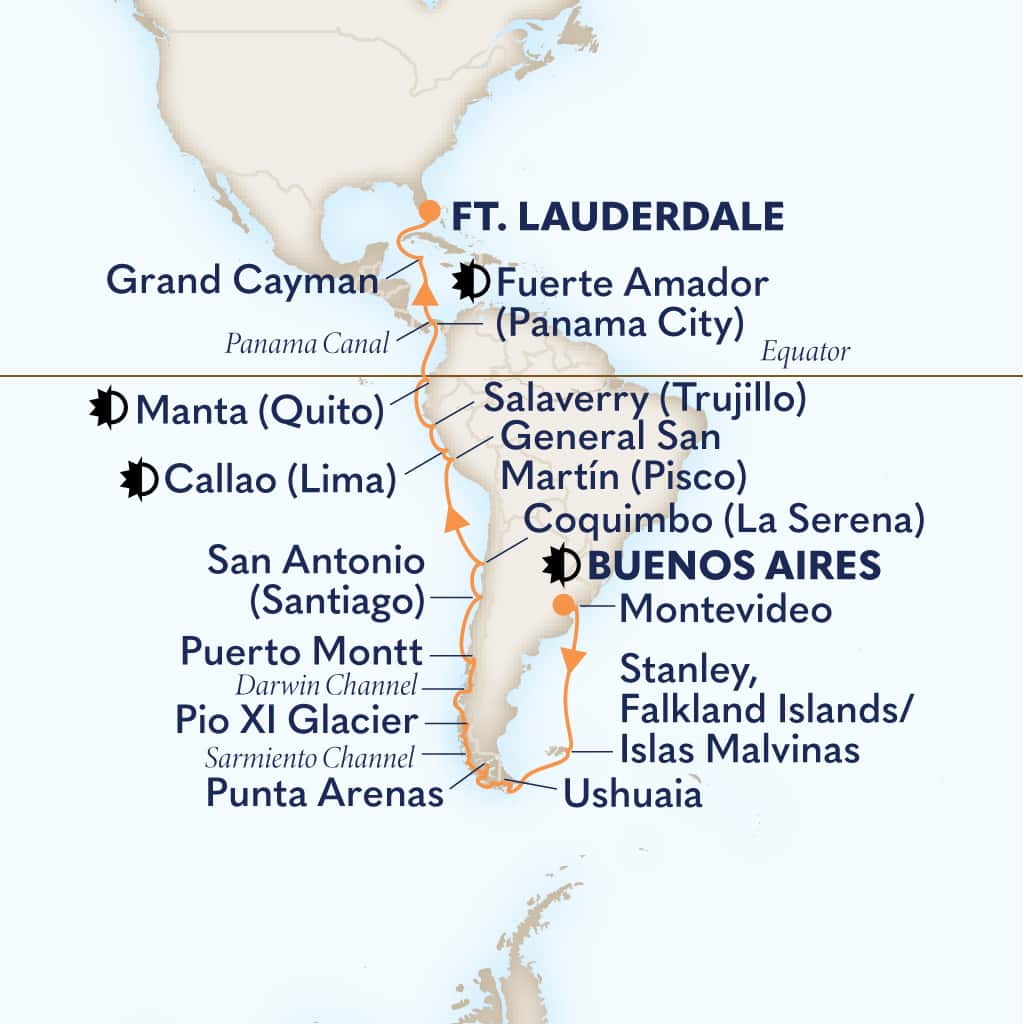 Itinerary map of 32-DAY PANAMA CANAL, INCA & SOUTH AMERICA: CHILEAN FJORDS