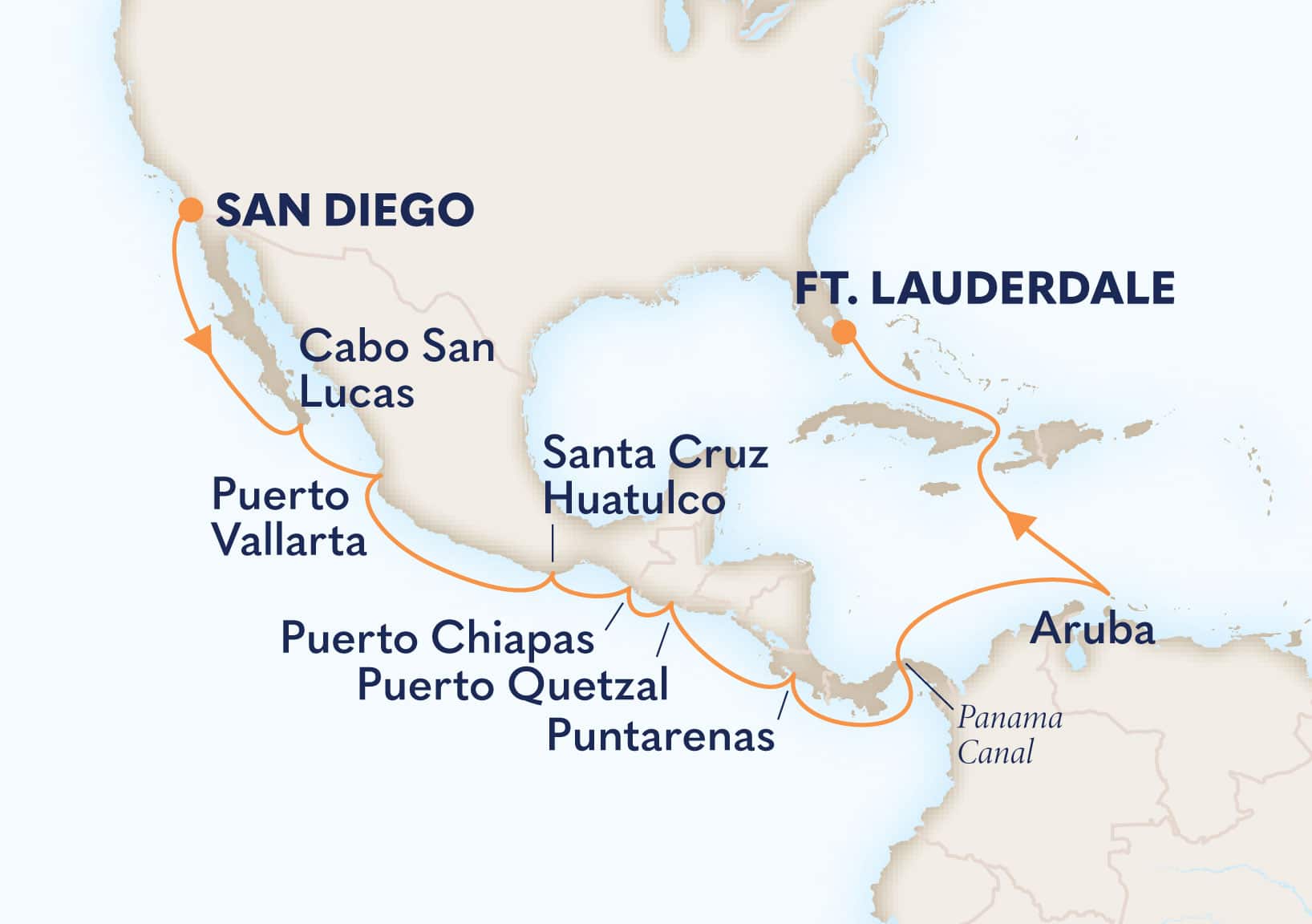 MapDepicting 16-Day Panama Canal Departs Fort Lauderdale, Florida, US Arrive San Diego, California, US