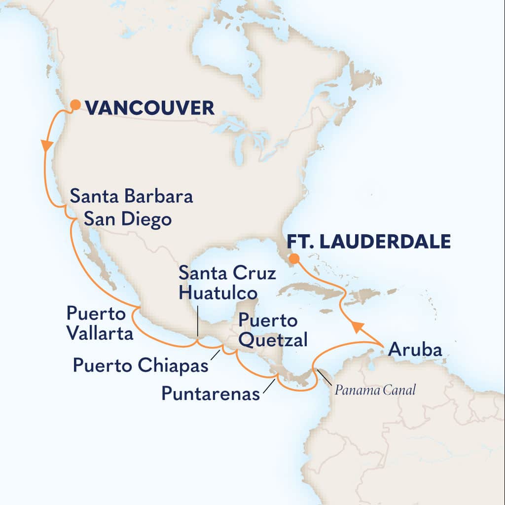 MapDepicting 20-Day Panama Canal Departs Fort Lauderdale, Florida, US Arrive Vancouver, B.C., CA