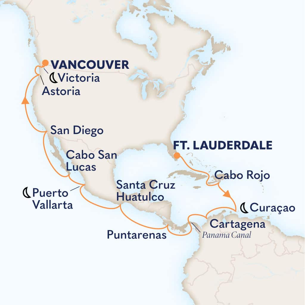 MapDepicting 22-Day Panama Canal Departs Vancouver, B.C., CA Arrive Fort Lauderdale, Florida, US