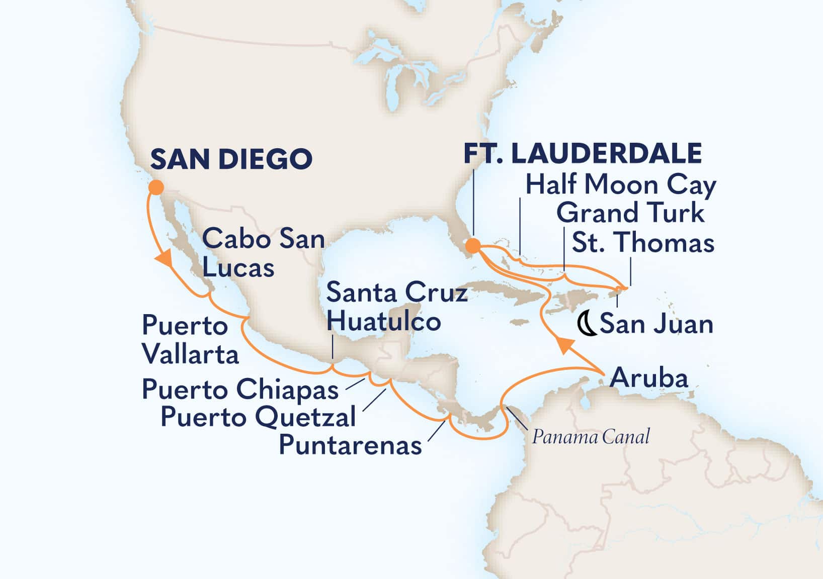 23-Day Panama Canal & Eastern Caribbean Itinerary Map