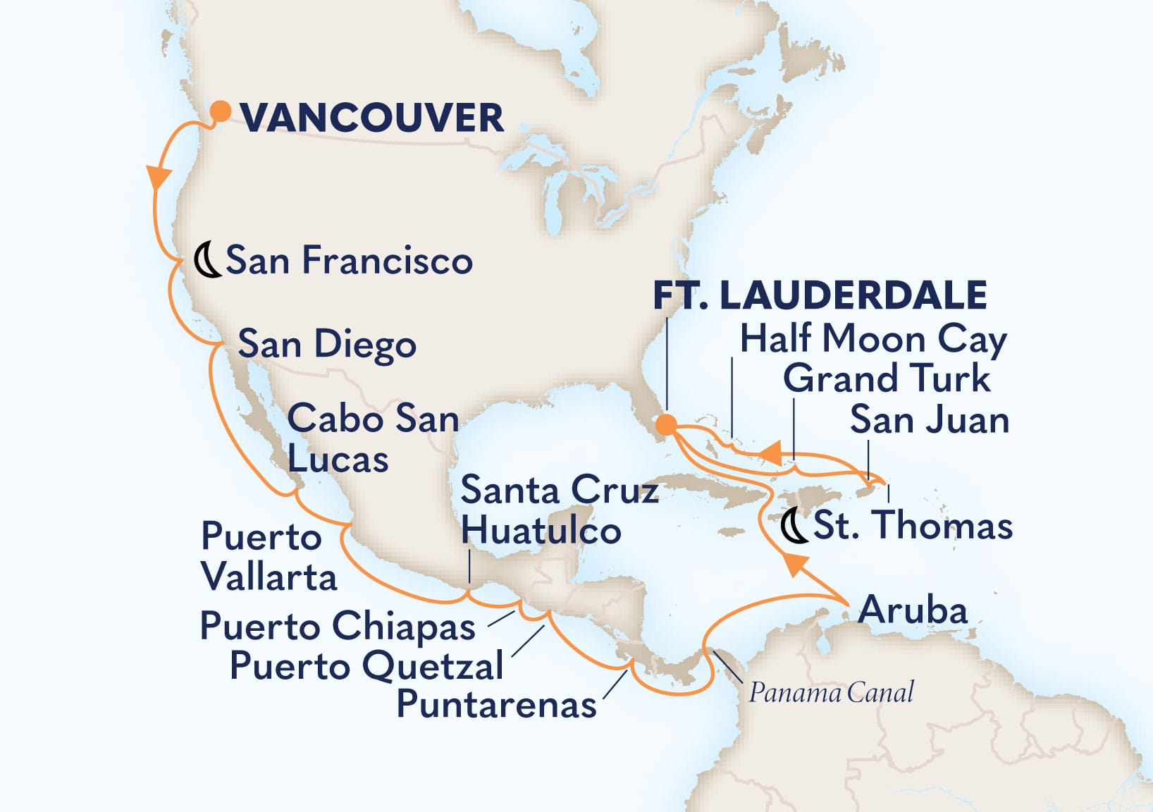 28-Day Panama Canal & Eastern Caribbean Itinerary Map