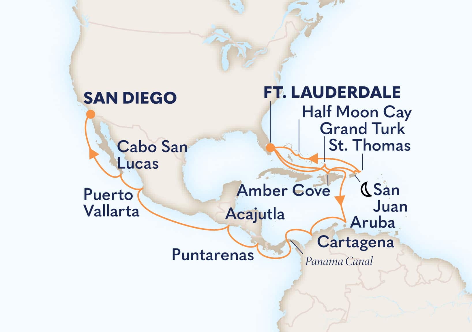 24-Day Eastern Caribbean & Panama Canal Itinerary Map