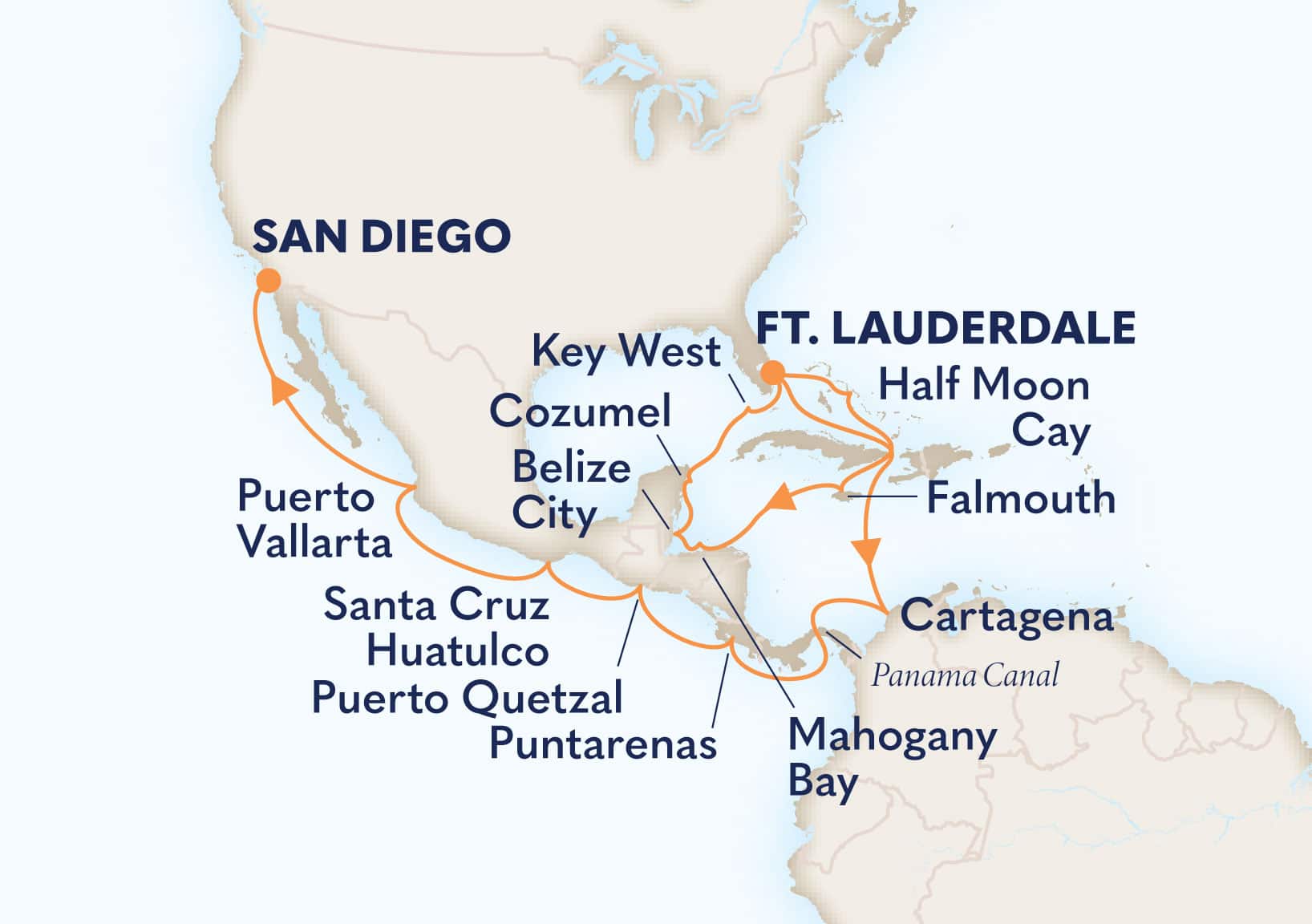24-Day Western Caribbean Explorer & Panama Canal Itinerary Map