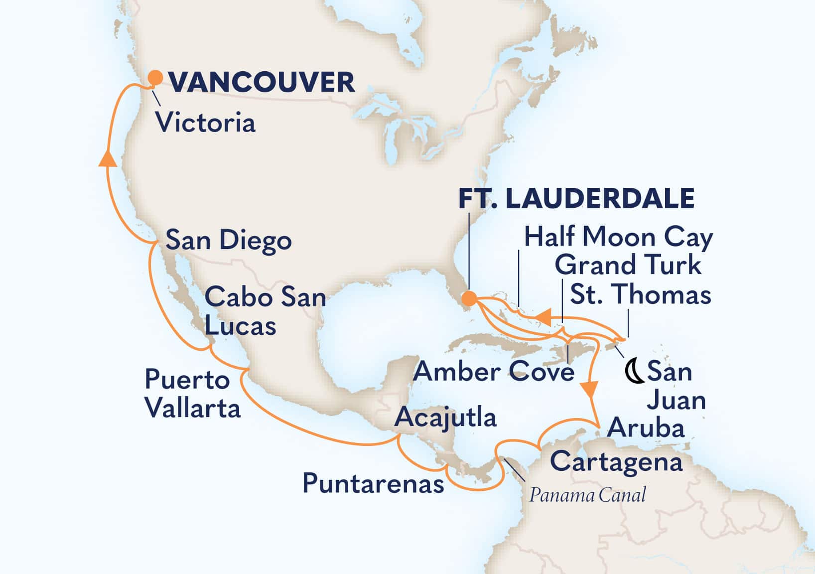 28-Day Eastern Caribbean & Panama Canal Itinerary Map