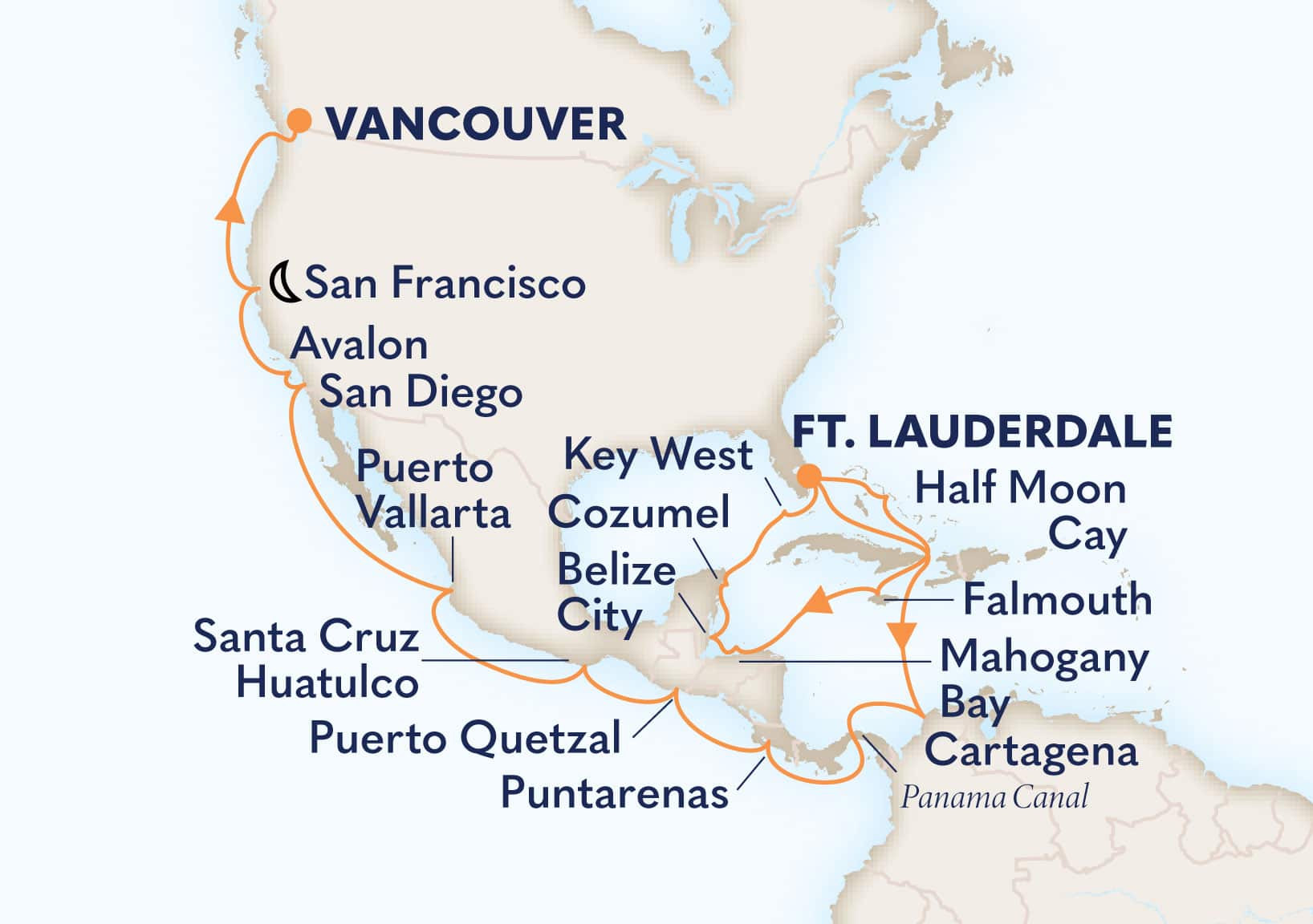 30-Day Western Caribbean Explorer & Panama Canal Itinerary Map
