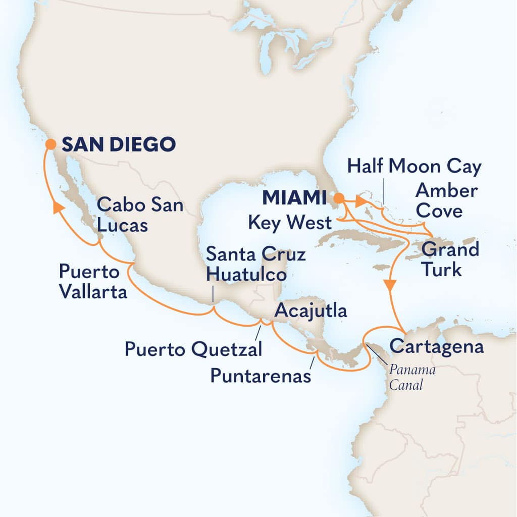 Itinerary map of 22-DAY EASTERN CARIBBEAN & PANAMA CANAL