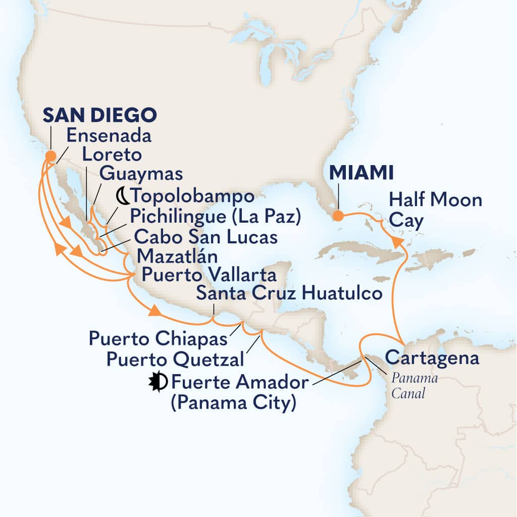 Itinerary map of 27-DAY HISTORIC SEA OF CORTEZ & PANAMA CANAL