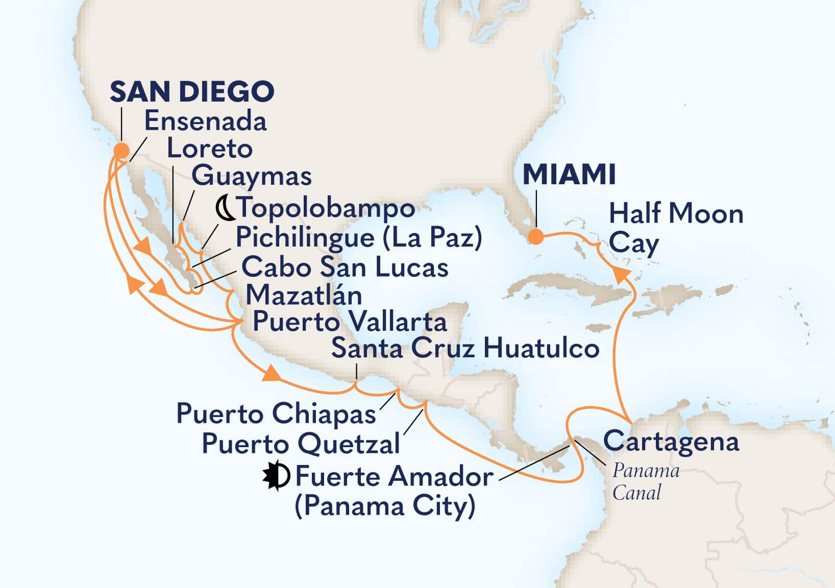 27-Day Historic Sea Of Cortez & Panama Canal Itinerary Map