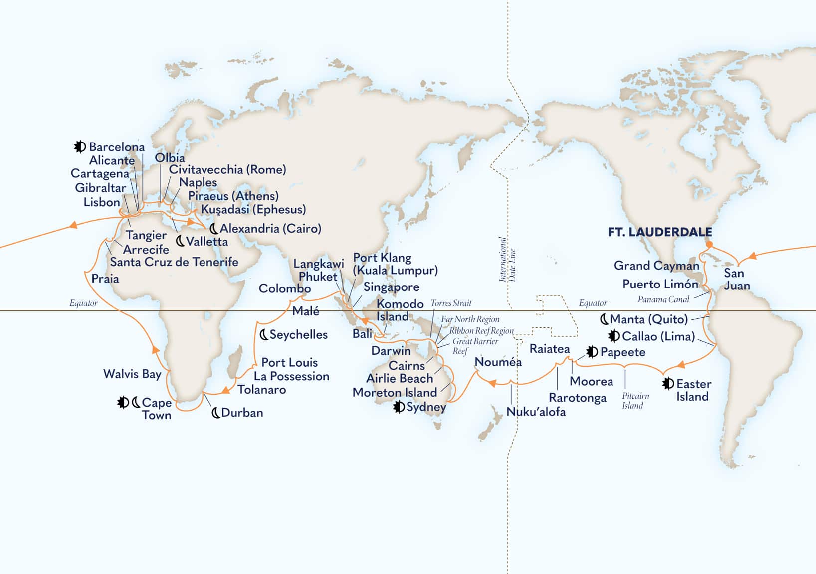 124-Day Grand World Voyage Itinerary Map