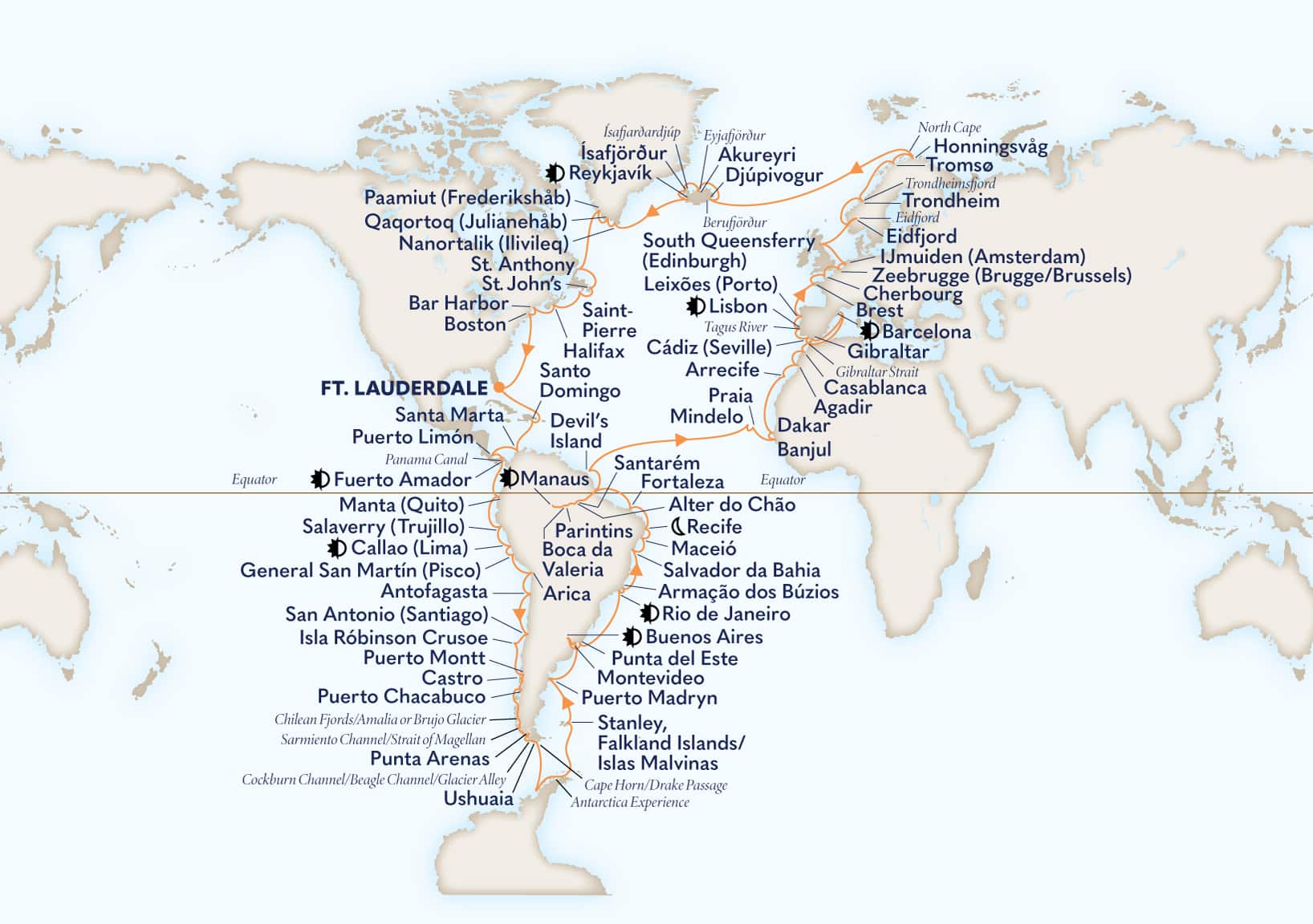 133-Day Grand Voyage: Pole To Pole Itinerary Map