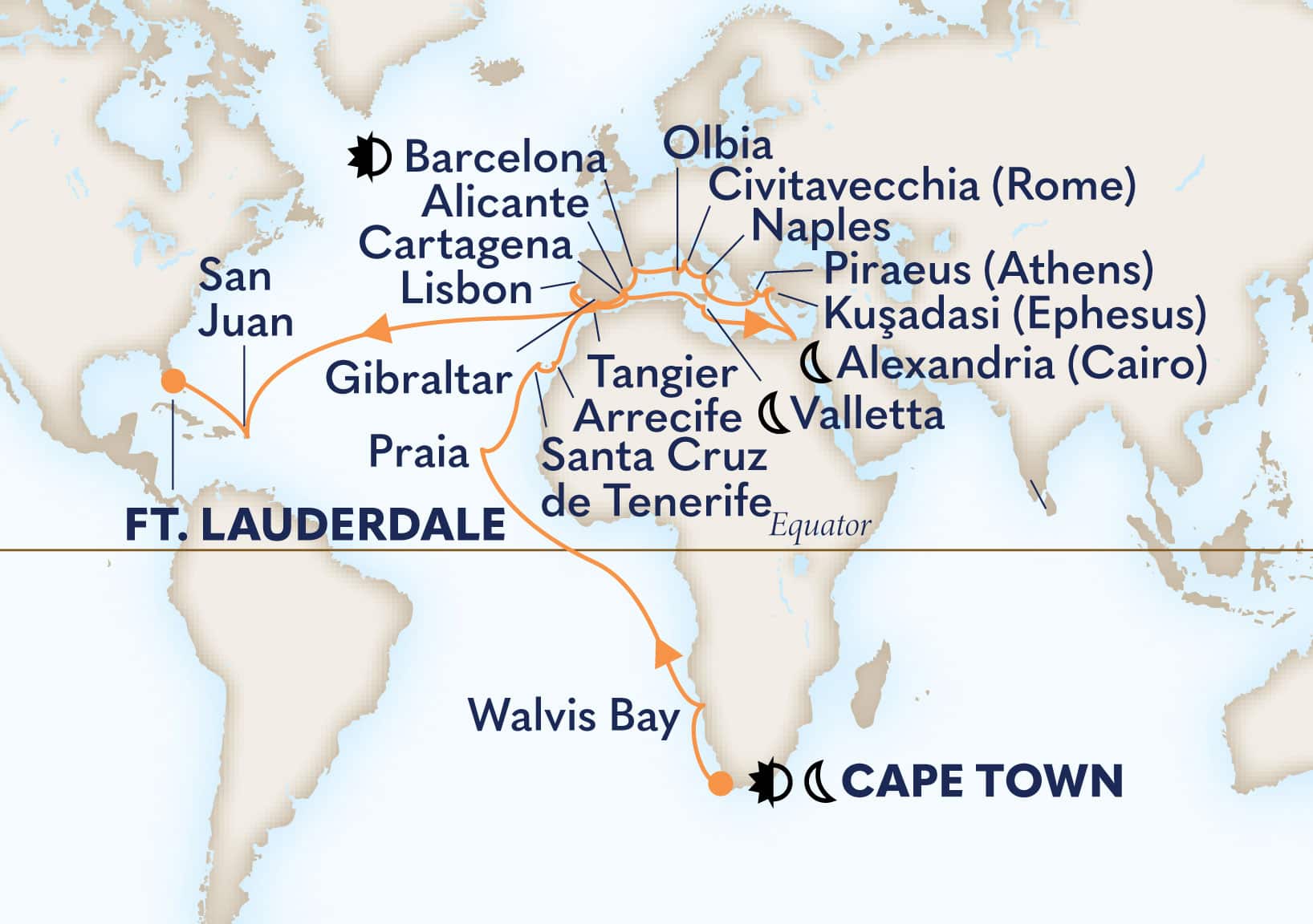 45-Day Grand World Voyage Itinerary Map