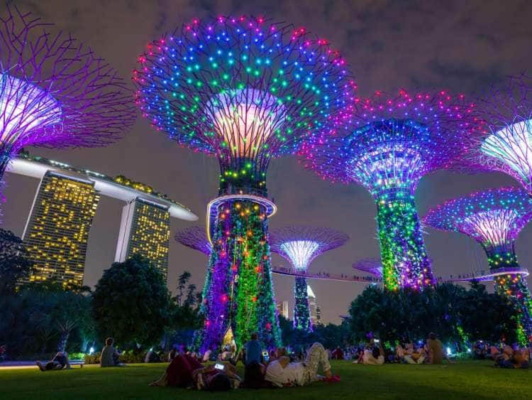 Picture of people enjoying an evening light show in Singapore on a world cruise