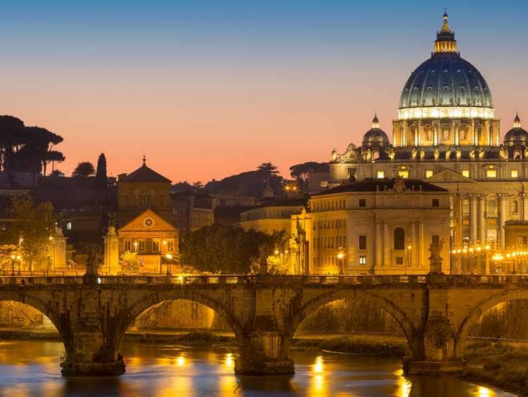 Twilight over River Tibor and the dome of San Pietro, Vatican, Rome, Lazio, Italy. Visit the Rome forum on a Holland America Line European cruise.