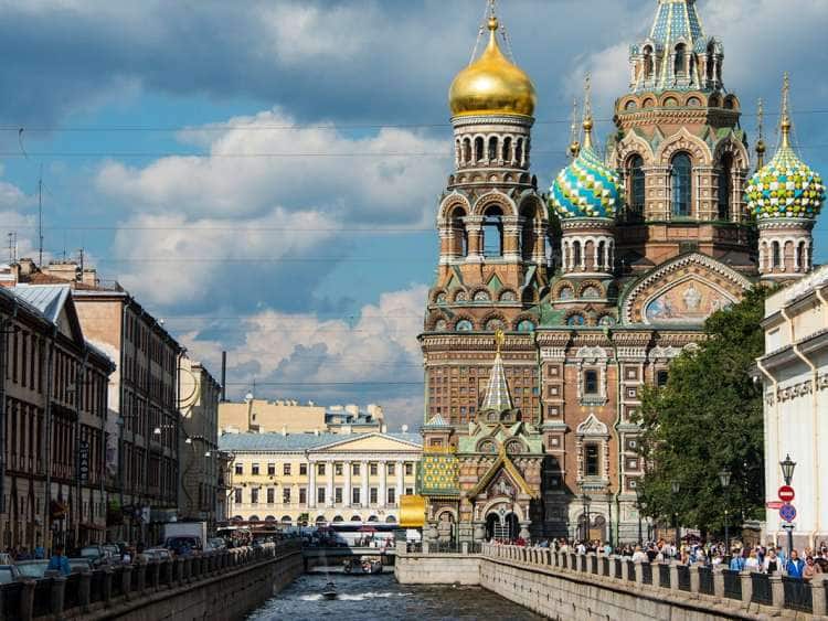 A view of city of St. Petersburg Russia and the outside of the Church of the Savior on an Baltic cruise excursion