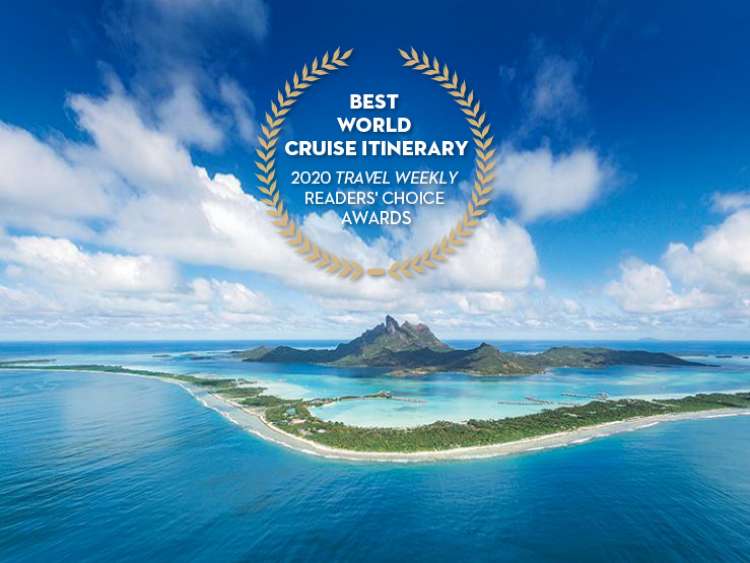 an island in bora bora with text overlay displaying award of best world cruise itinerary 2020 travel weekly readers' choice awards
