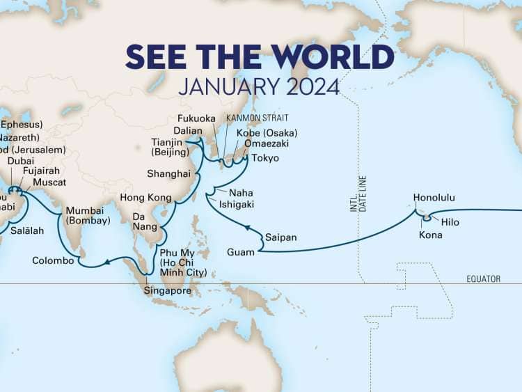 see the world january 2024. map of grand world voyage itinerary.