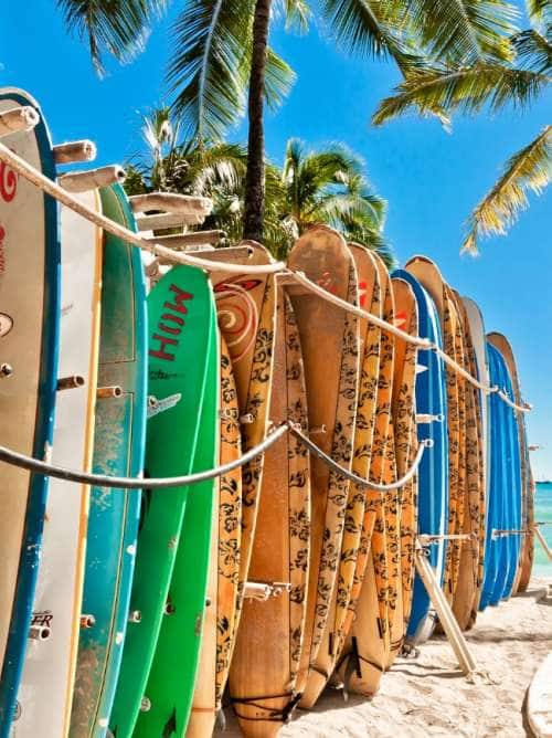 Surf boards on a beach in Honolulu, Hawaii