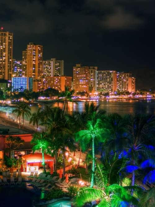 Waikiki beach at night in Honolulu, Hawaii