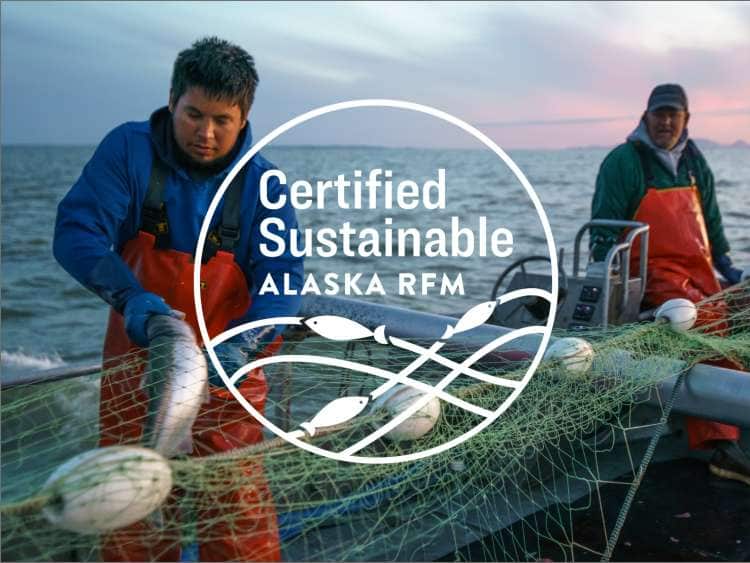 Two men catching fish and certified stainable Alaska RFM logo
