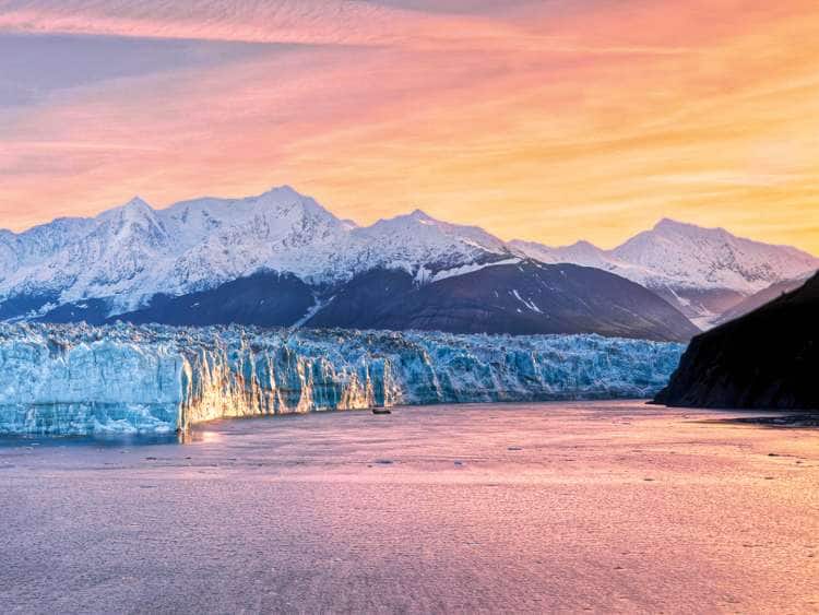 View of Hubbard Glacier at sunrise in Alaska.