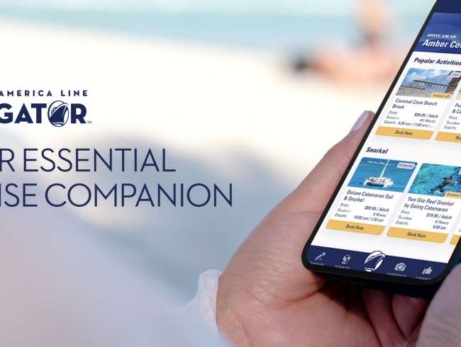 Holland America Line Navigator. Your Essential Cruise Companion. Image of hands holding cell phone opened to the Holland America Line Navigator App.