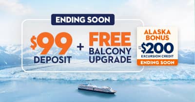 Ending Soon - $99 Deposit +Free Balcony Upgrade - Up to $500 Onboard Credit + Alaska Bonus up to $200 Excursion Credit Ending Soon