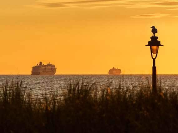 three Holland America Line ships sailing out on the horizon at sunset