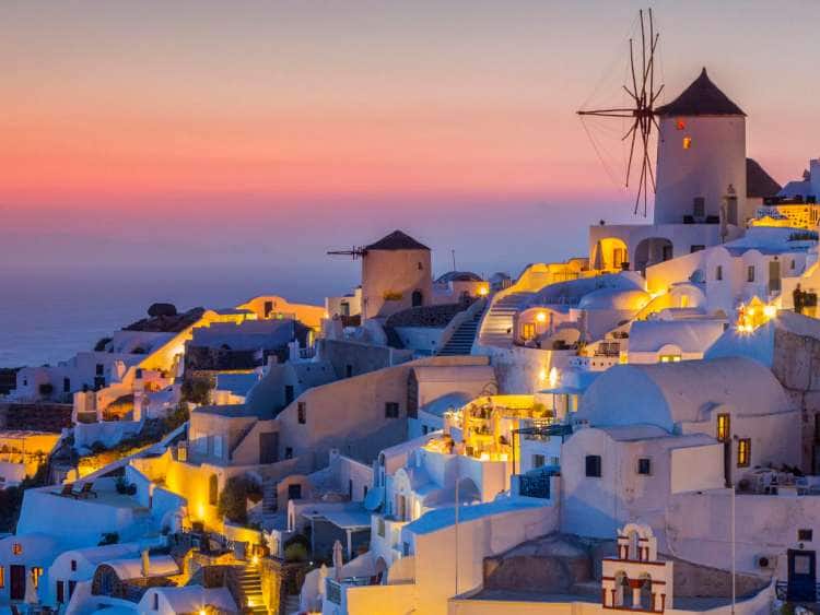 Greece, Aegean islands, Cyclades, Mediterranean sea, Aegean sea, Greek Islands, Santorini island, Thera, Sunset at the village of Oia