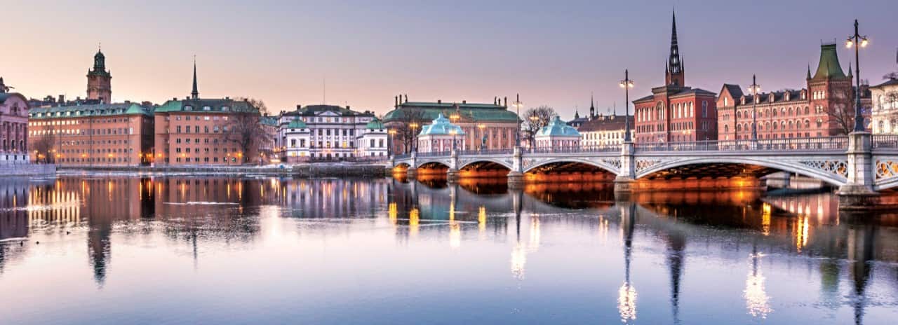 A view of the bridge and the waterfront in Stockholm, Sweden.