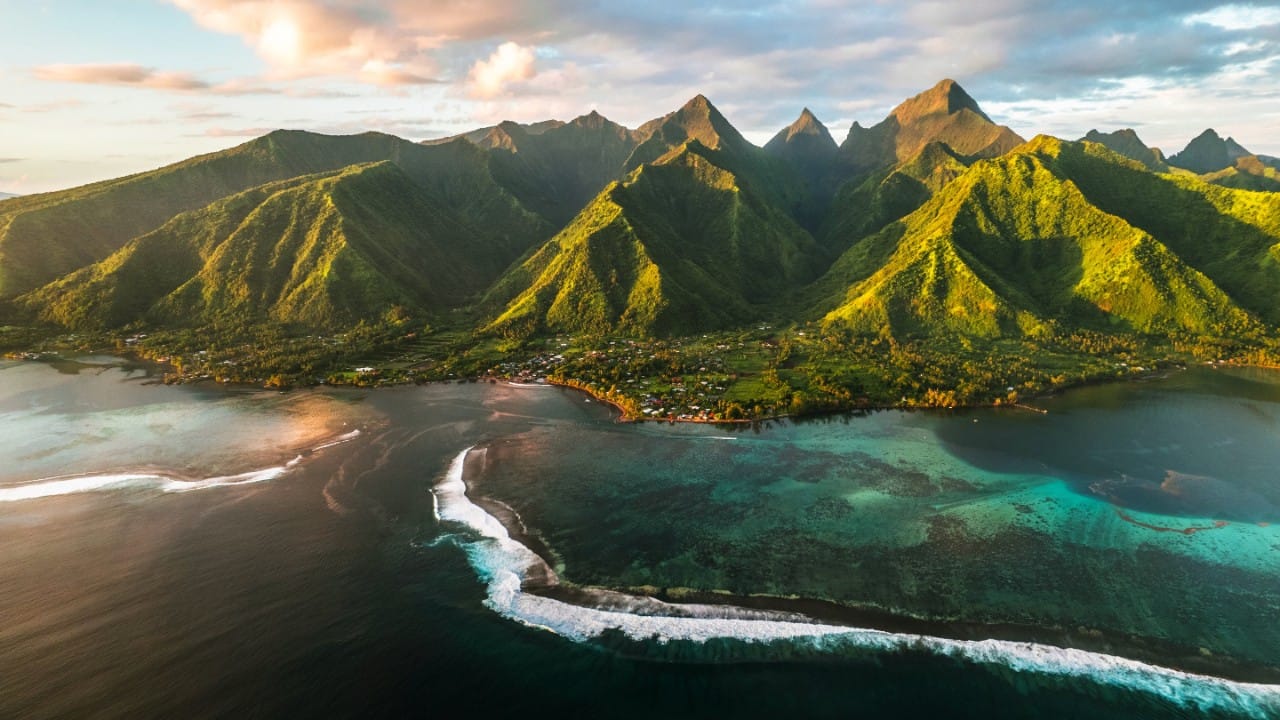 Aerial view of Tahiti island at sunset