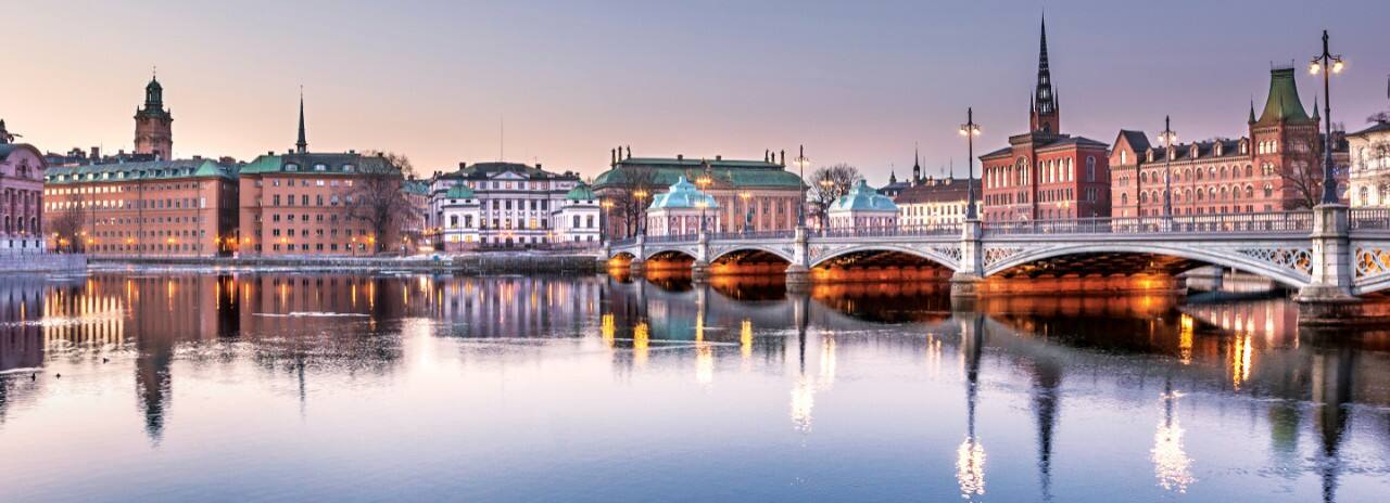 A view of the bridge and the waterfront in Stockholm, Sweden.
