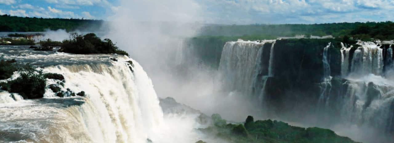 A waterfall on two sides of the cliffs.