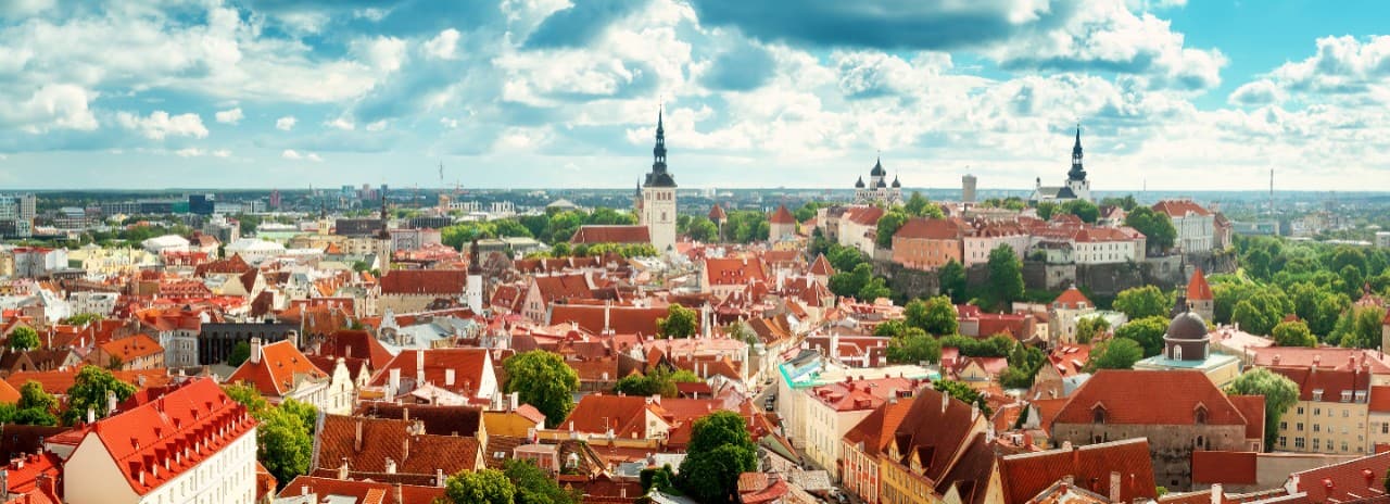 An aerial view of many buildings in an old town in Estonia.