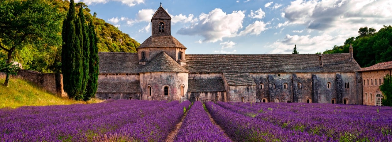 A field of lavender in front of an Abby in France.
