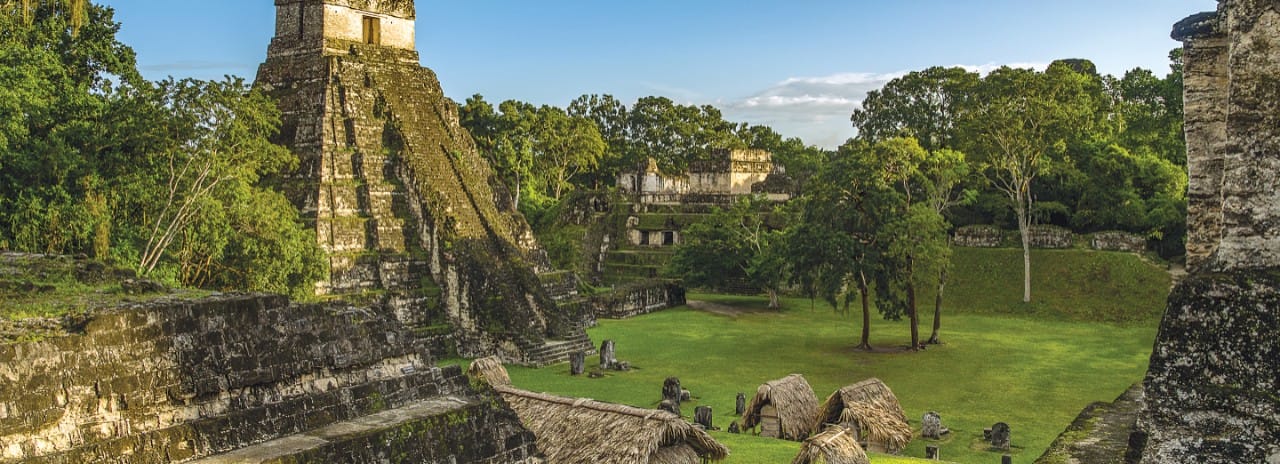 A view of the Tikal Maya Pyramids in Guatemala.