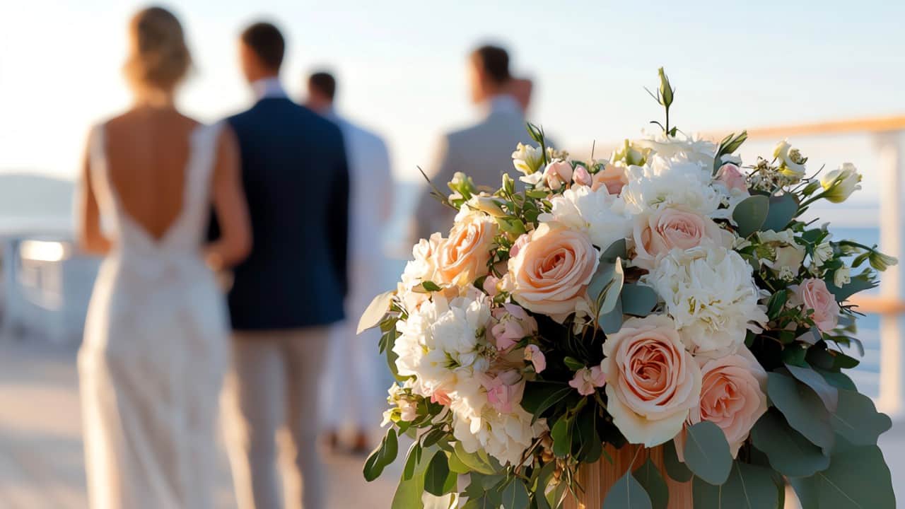 Flower arrangement with a couple walking on the front deck of a ship.