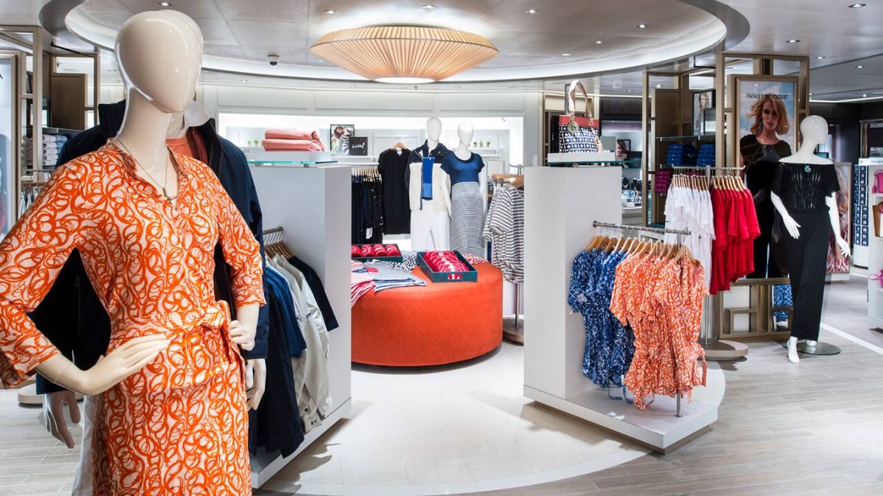 Mannequins and merchandise displays in an on board shop.